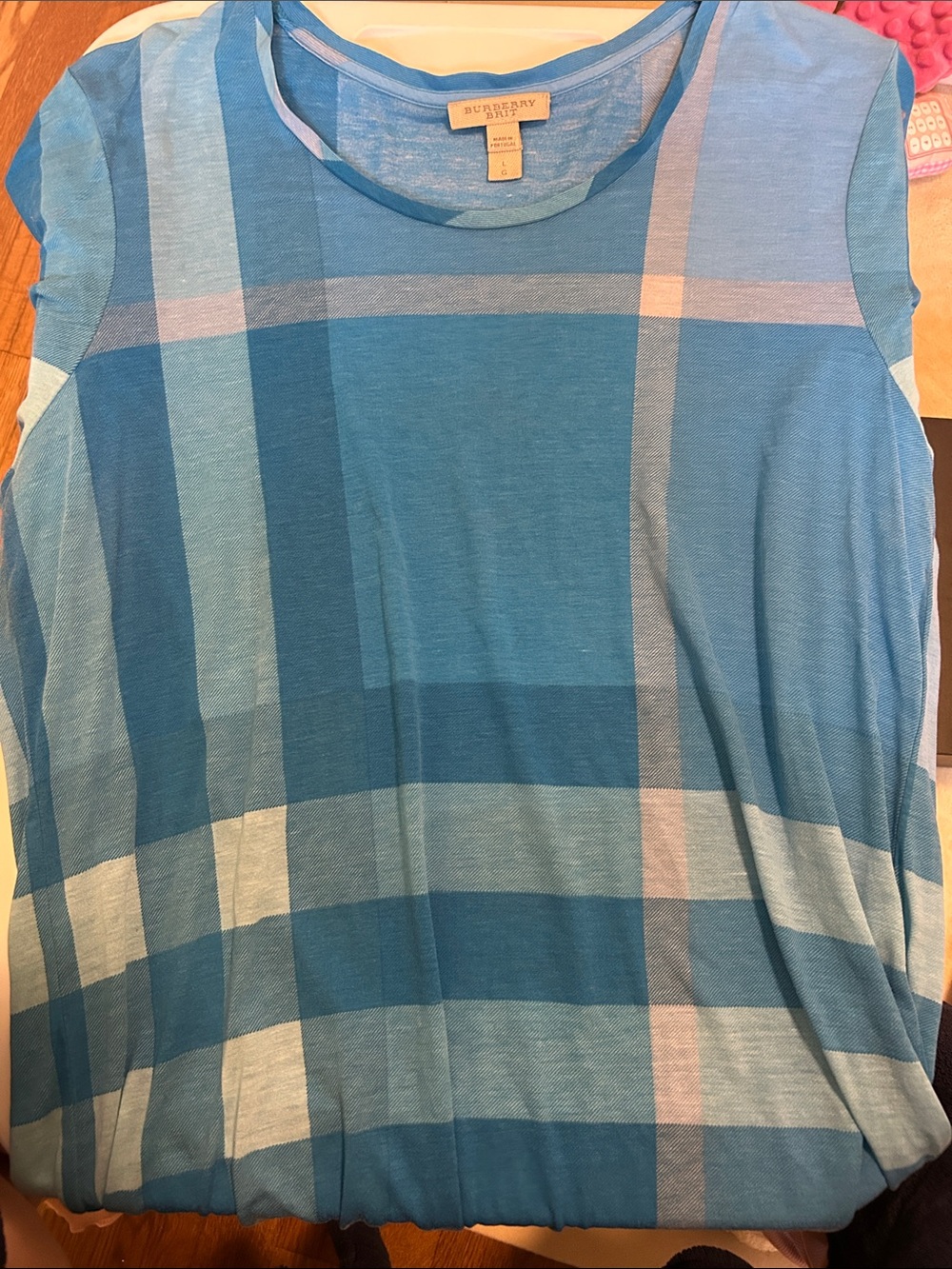 Burberry Kids Blue Plaid Short Sleeve Tee with Light Accent Stripes